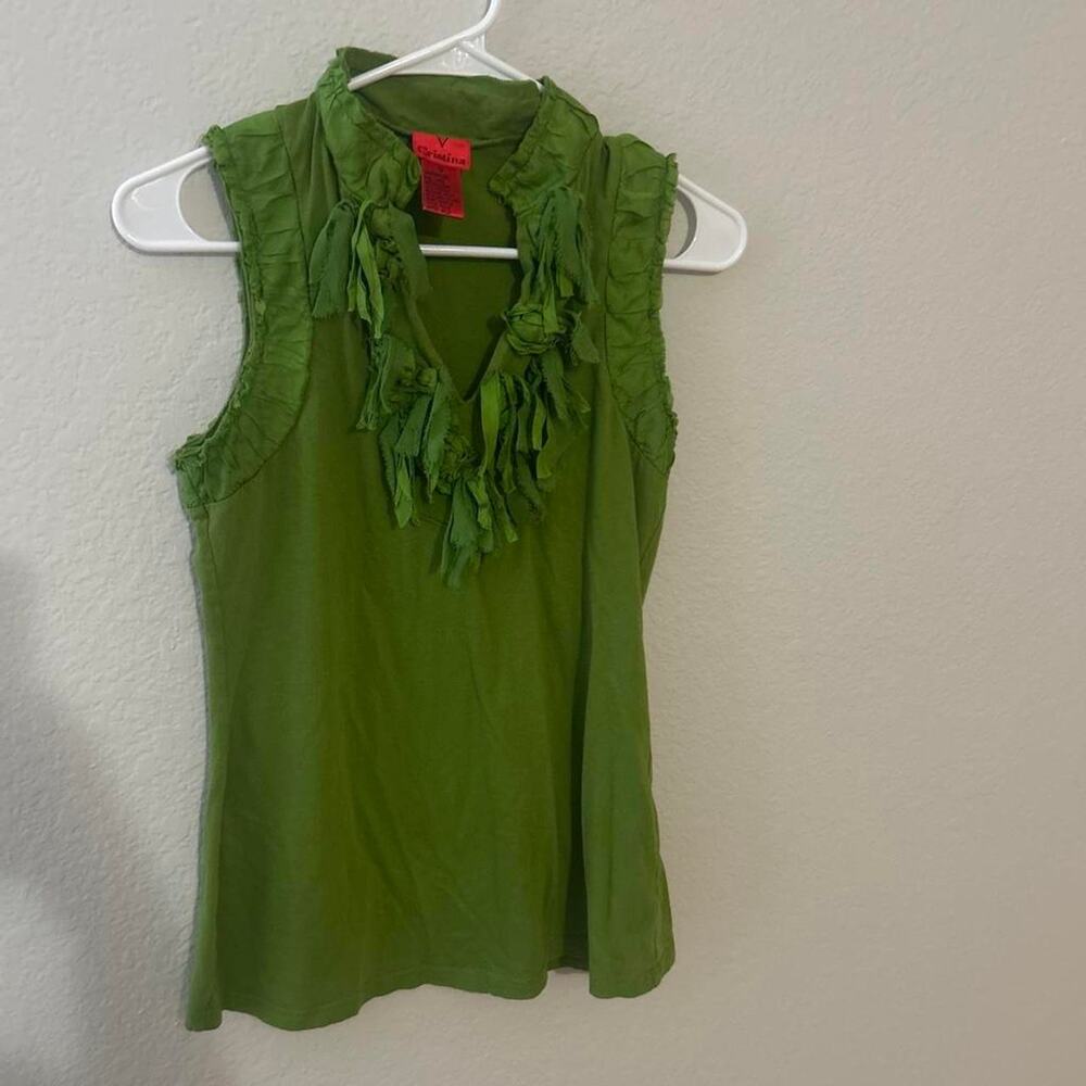 Green blouse with ruffled neckline